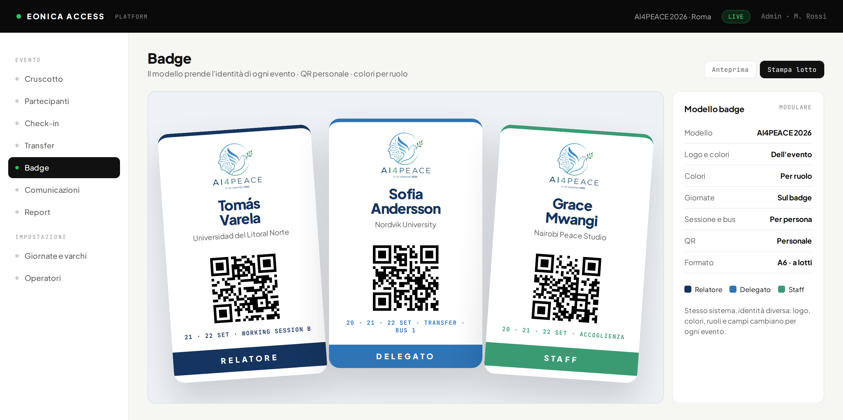 Eonica: Badge e QR (interfaccia dimostrativa, dati fittizi)