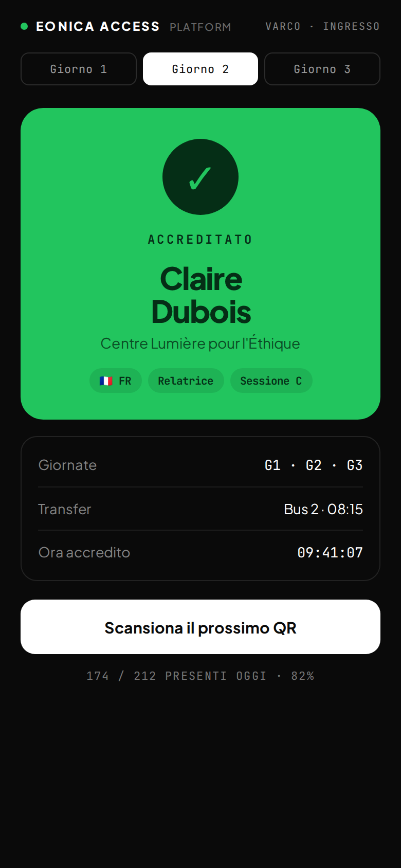 Eonica: Check-in (interfaccia dimostrativa, dati fittizi)